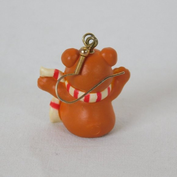 Teddy Bear Earrings Wearing Candy Cane Scarf Christmas Vintage Small Resin Brown - Picture 9 of 12